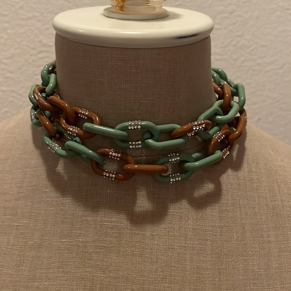 J.Crew Turquoise and Tan 32 Inch Link Necklace with Clear Crystals - Picture 2 of 5